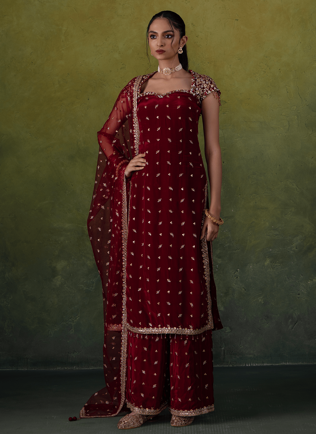 Maroon Embroidered Crepe Pant Suit - Lashkaraa