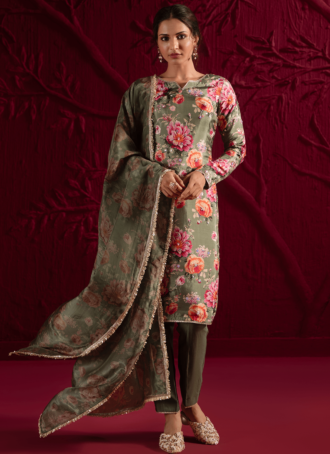 Mehendi Green Floral Embroidered Crepe Silk Pant Suit - Lashkaraa