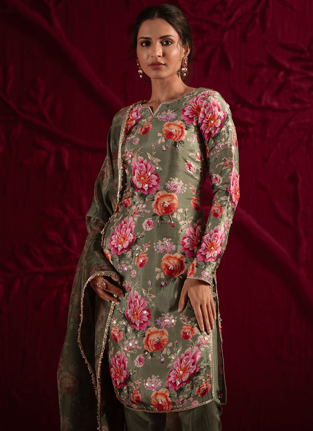 Mehendi Green Floral Embroidered Crepe Silk Pant Suit - Lashkaraa