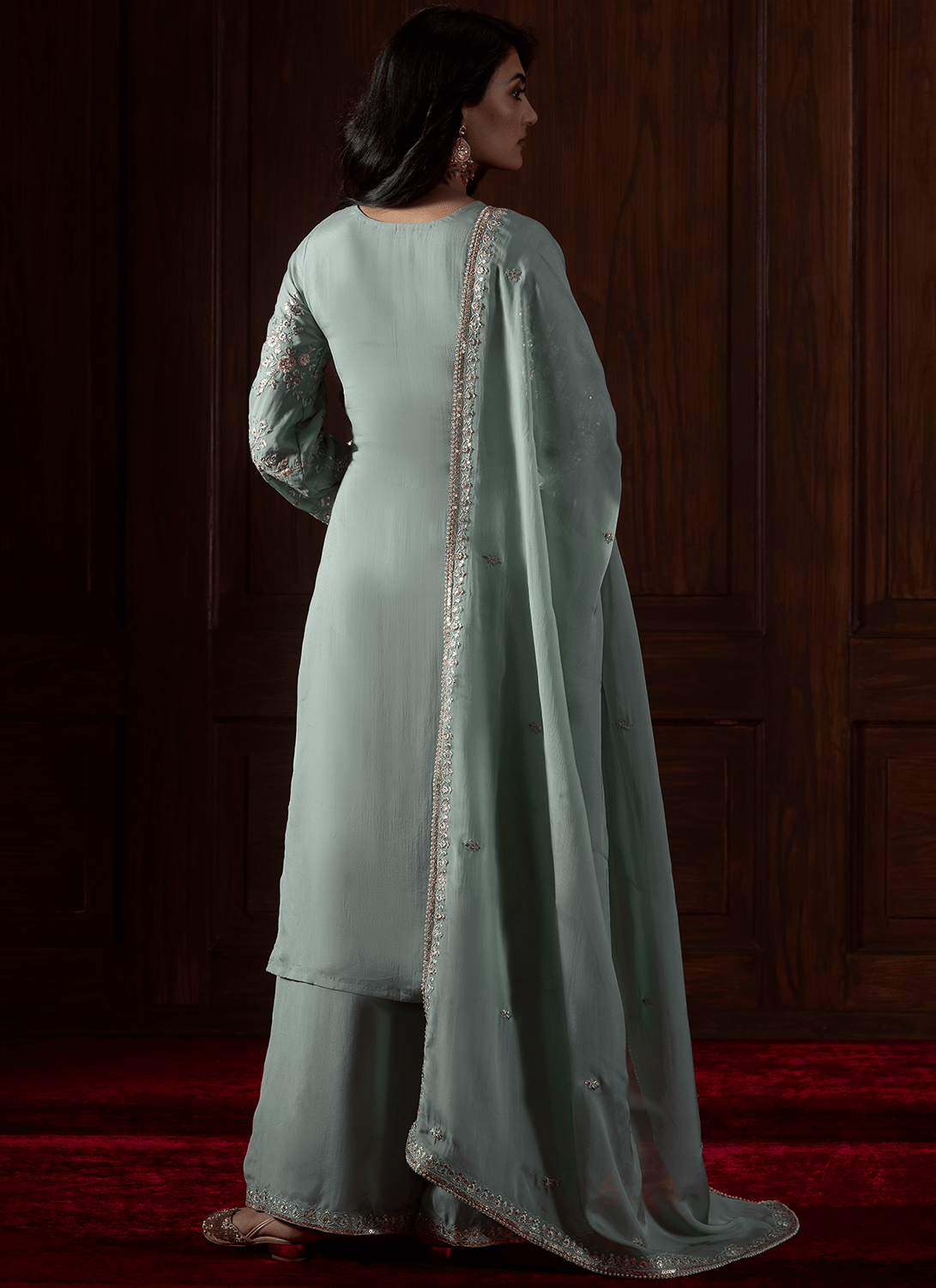 Mint Green Embroidered Viscose Organza Palazzo - Lashkaraa