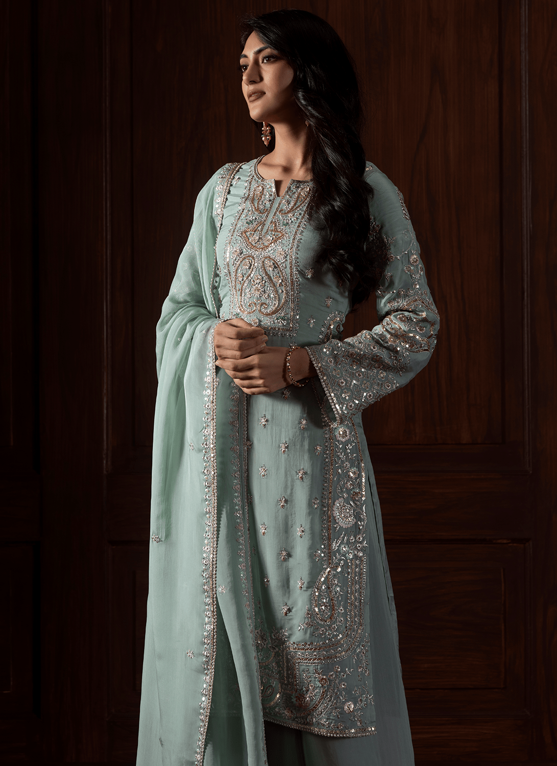 Mint Green Embroidered Viscose Organza Palazzo - Lashkaraa