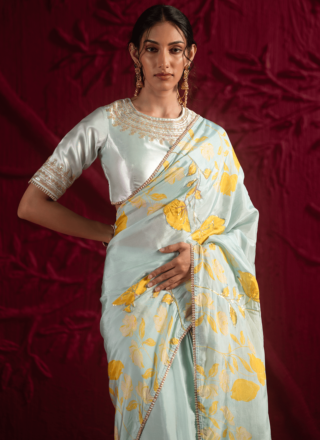 Mint Green Floral Embroidered Crepe Silk Saree - Lashkaraa