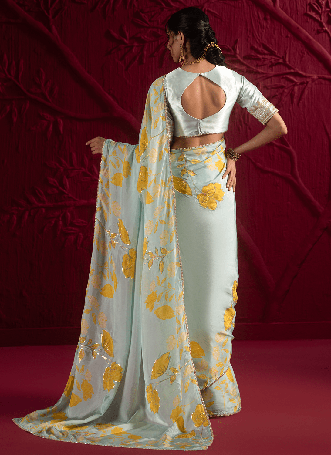 Mint Green Floral Embroidered Crepe Silk Saree - Lashkaraa