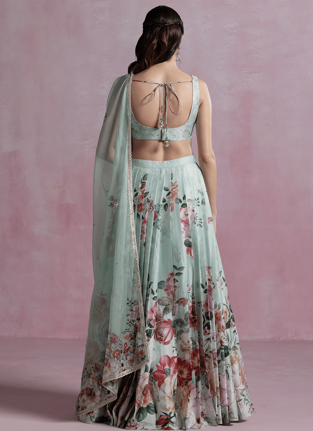 Mint Green Floral Printed Modal Satin Lehenga - Lashkaraa