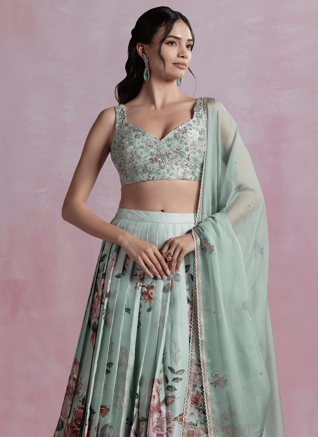 Mint Green Floral Printed Modal Satin Lehenga - Lashkaraa