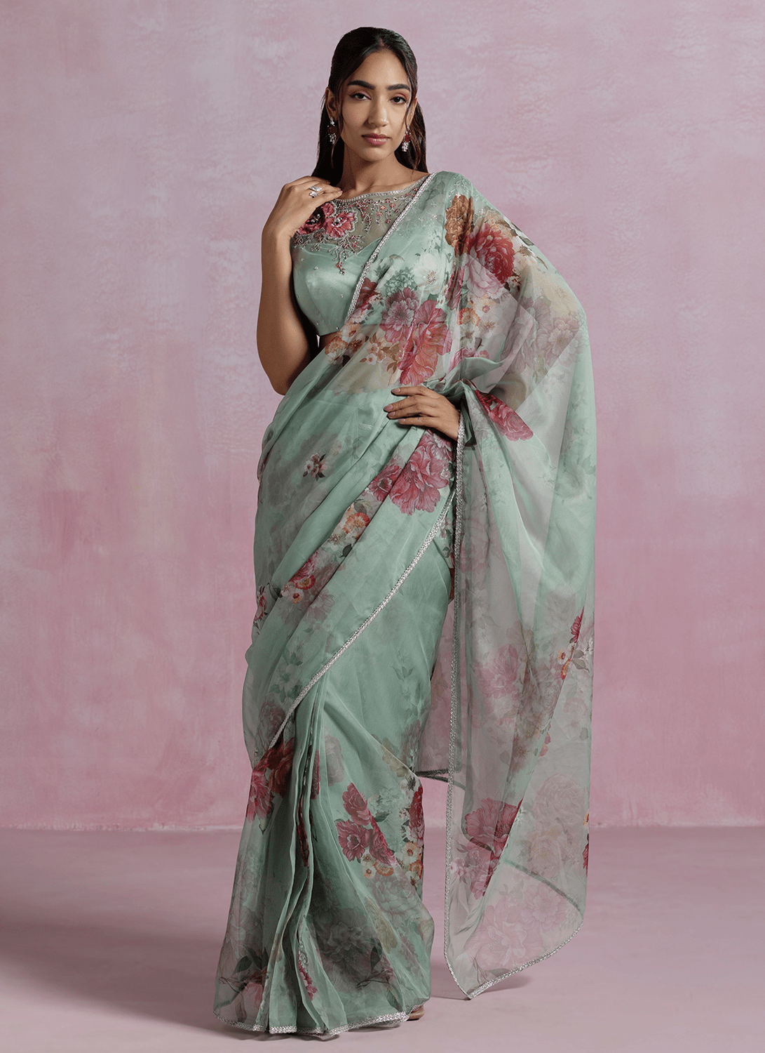 Mint Green Floral Printed Organza Saree - Lashkaraa