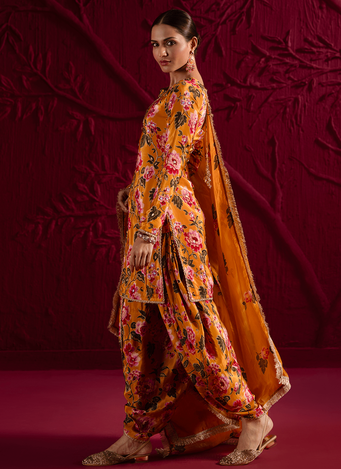 Mustard Floral Embroidered Crepe Punjabi Suit - Lashkaraa