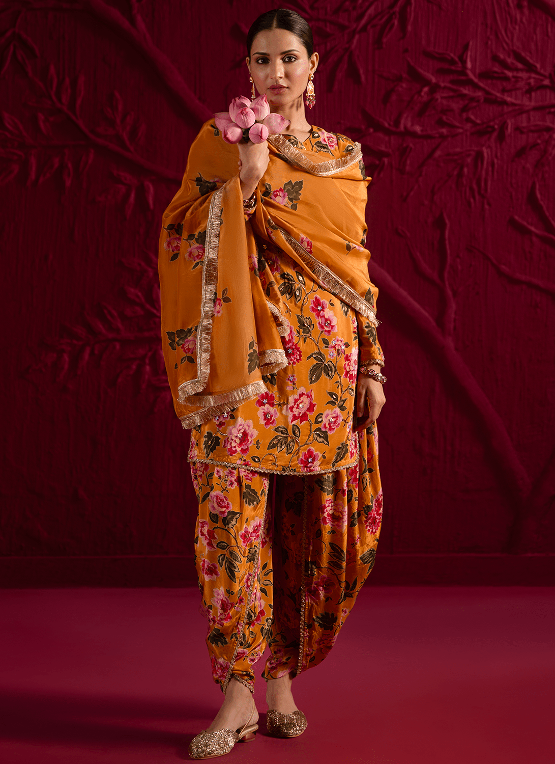 Mustard Floral Embroidered Crepe Punjabi Suit - Lashkaraa