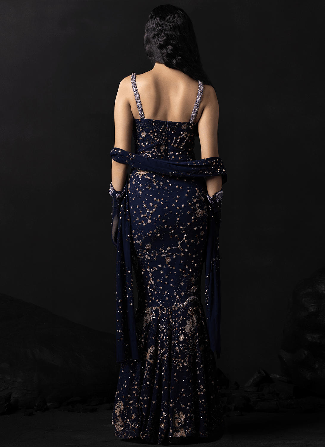 Navy Blue Celestial Zodiac Mermaid Gown - Lashkaraa