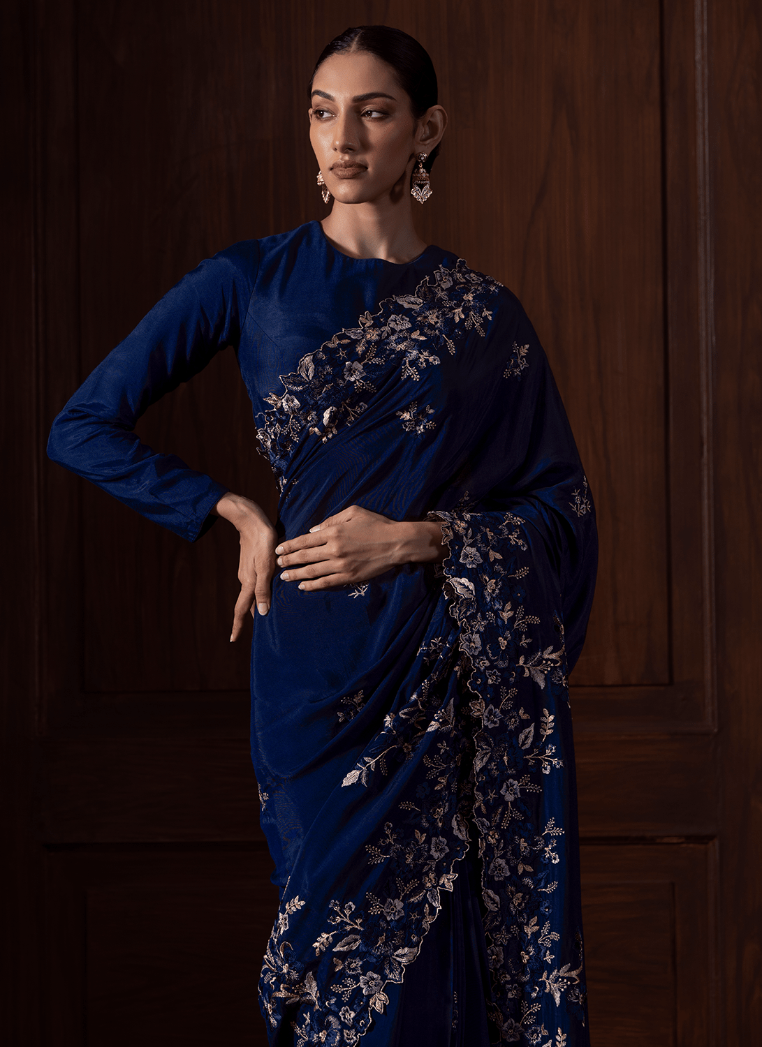 Navy Blue Embroidered Muslin Saree - Lashkaraa