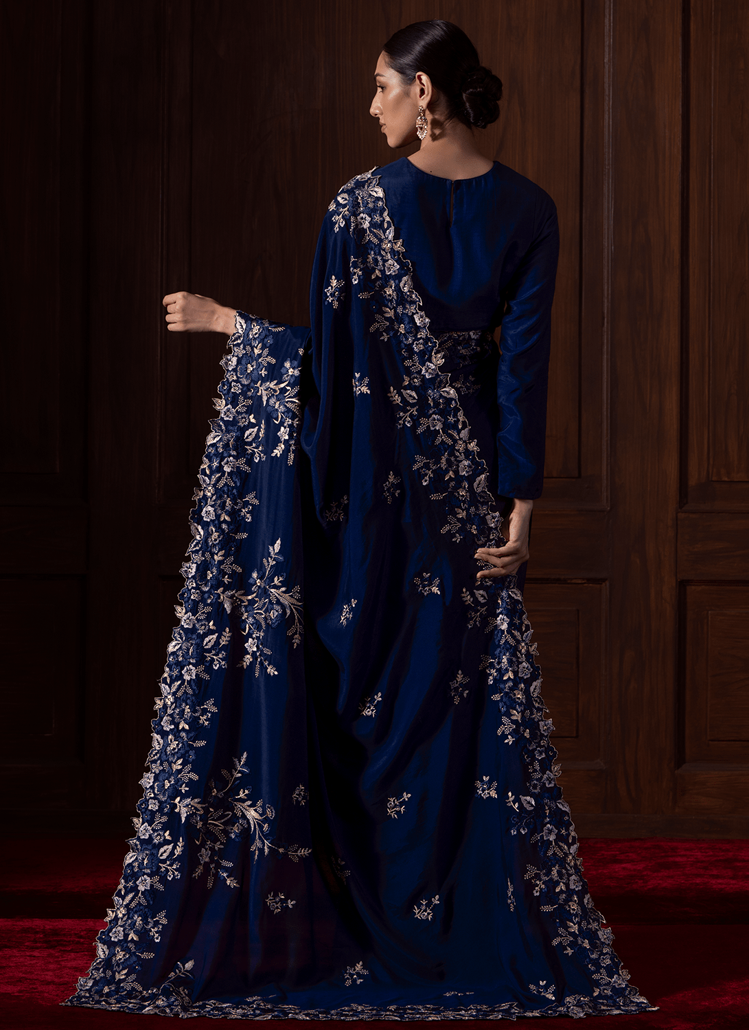 Navy Blue Embroidered Muslin Saree - Lashkaraa