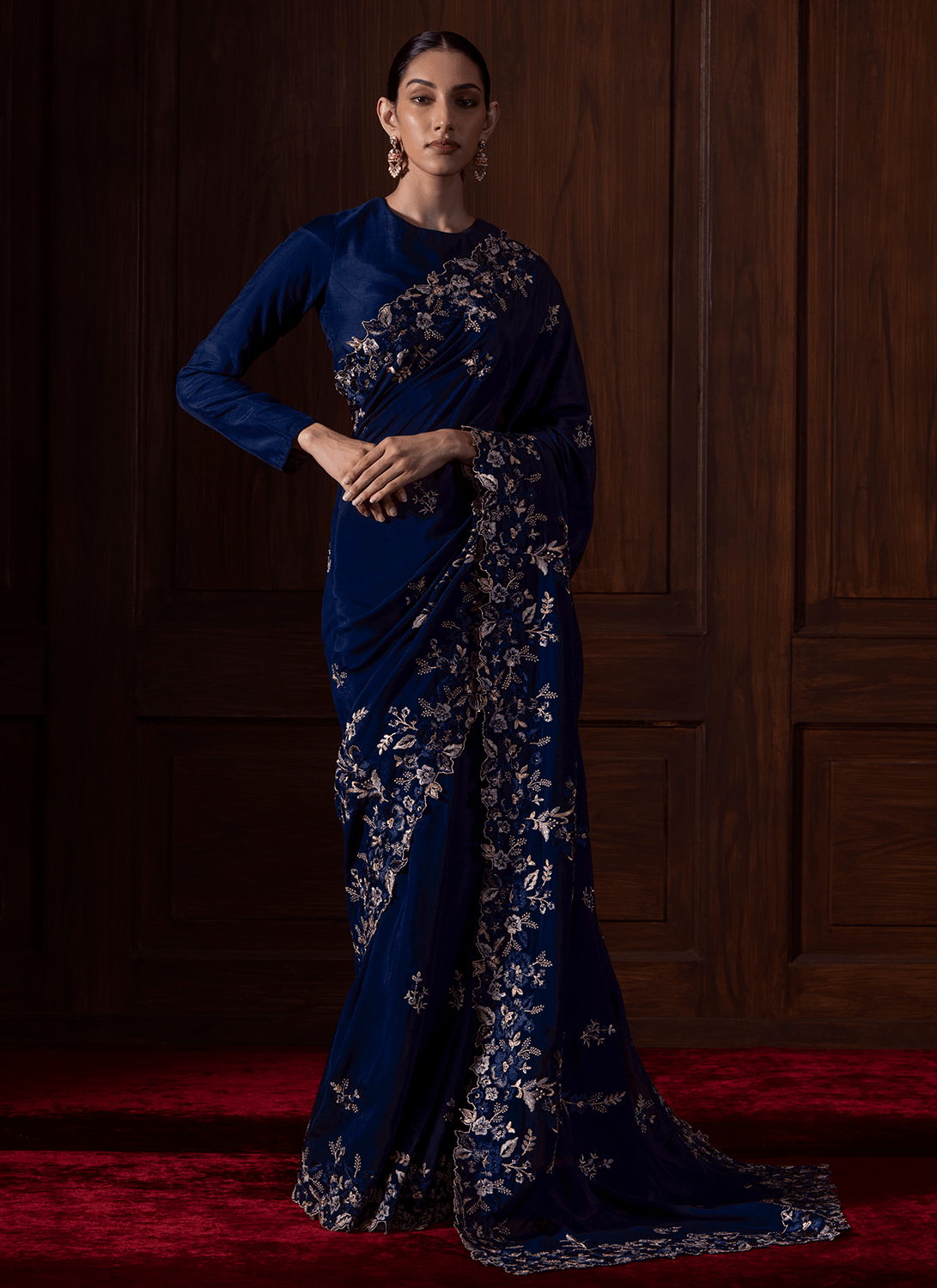 Navy Blue Embroidered Muslin Saree - Lashkaraa