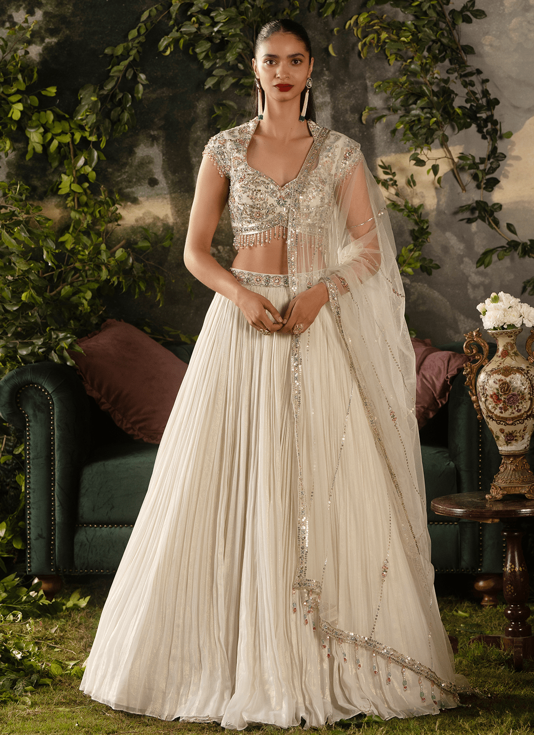 Off White Embroidered Georgette Lehenga - Lashkaraa