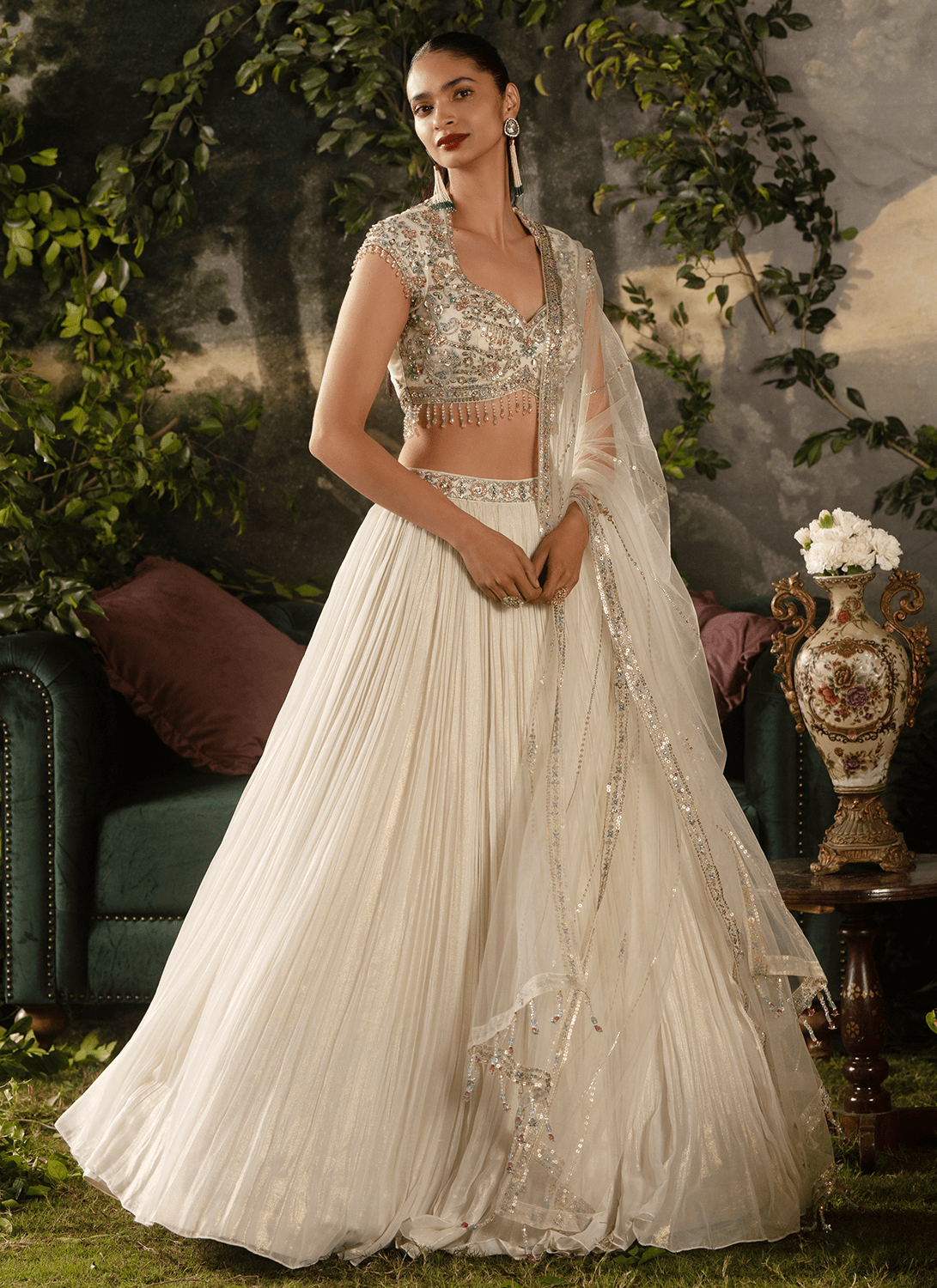 Off White Embroidered Georgette Lehenga - Lashkaraa