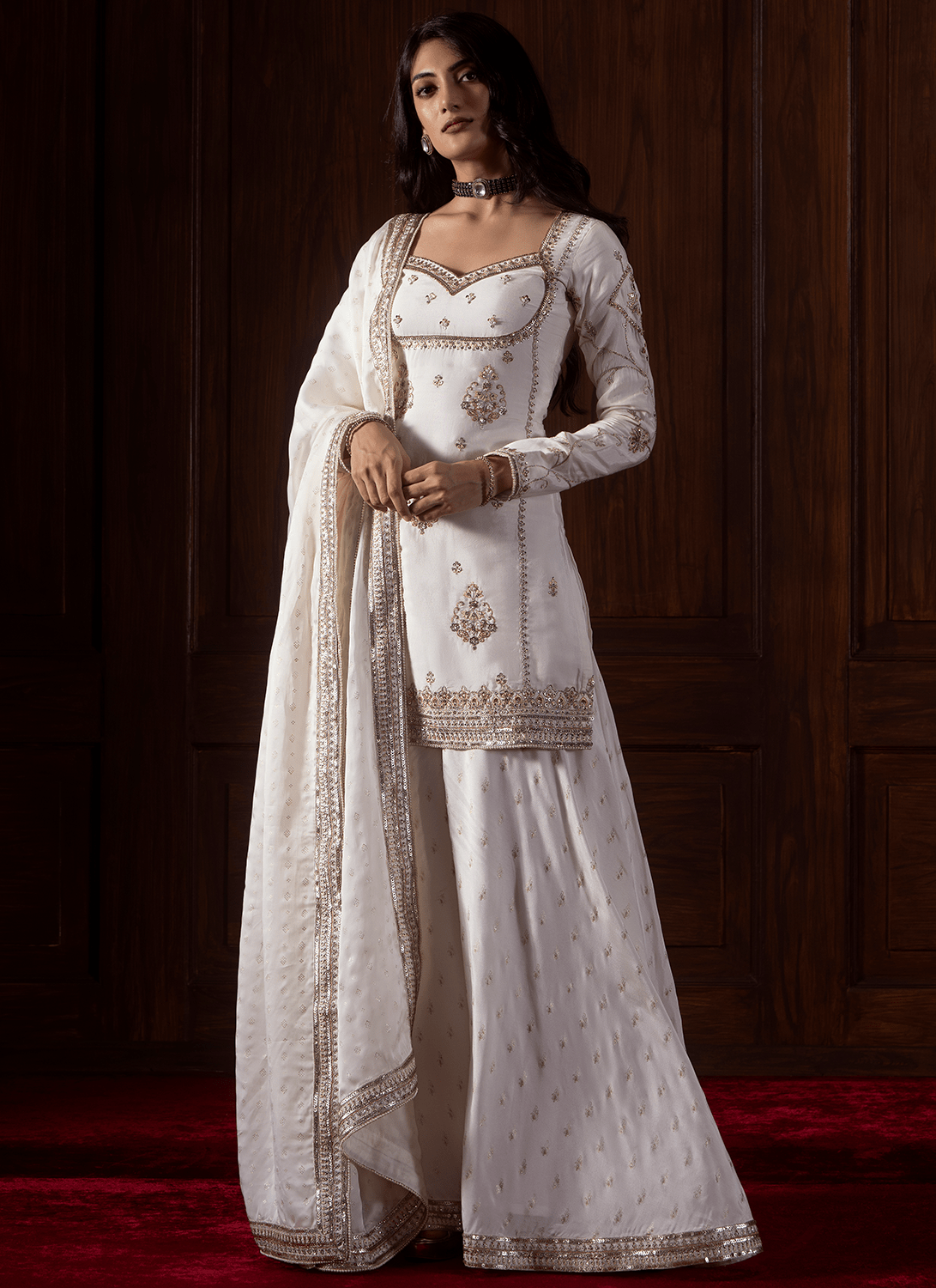 Off White Embroidered Satin Organza Sharara - Lashkaraa