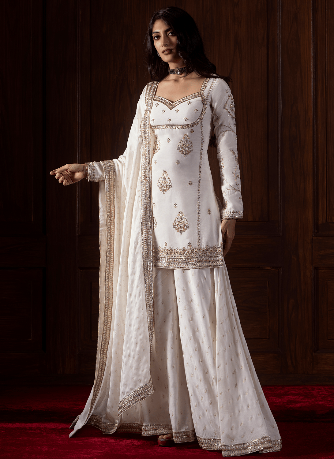 Off White Embroidered Satin Organza Sharara - Lashkaraa