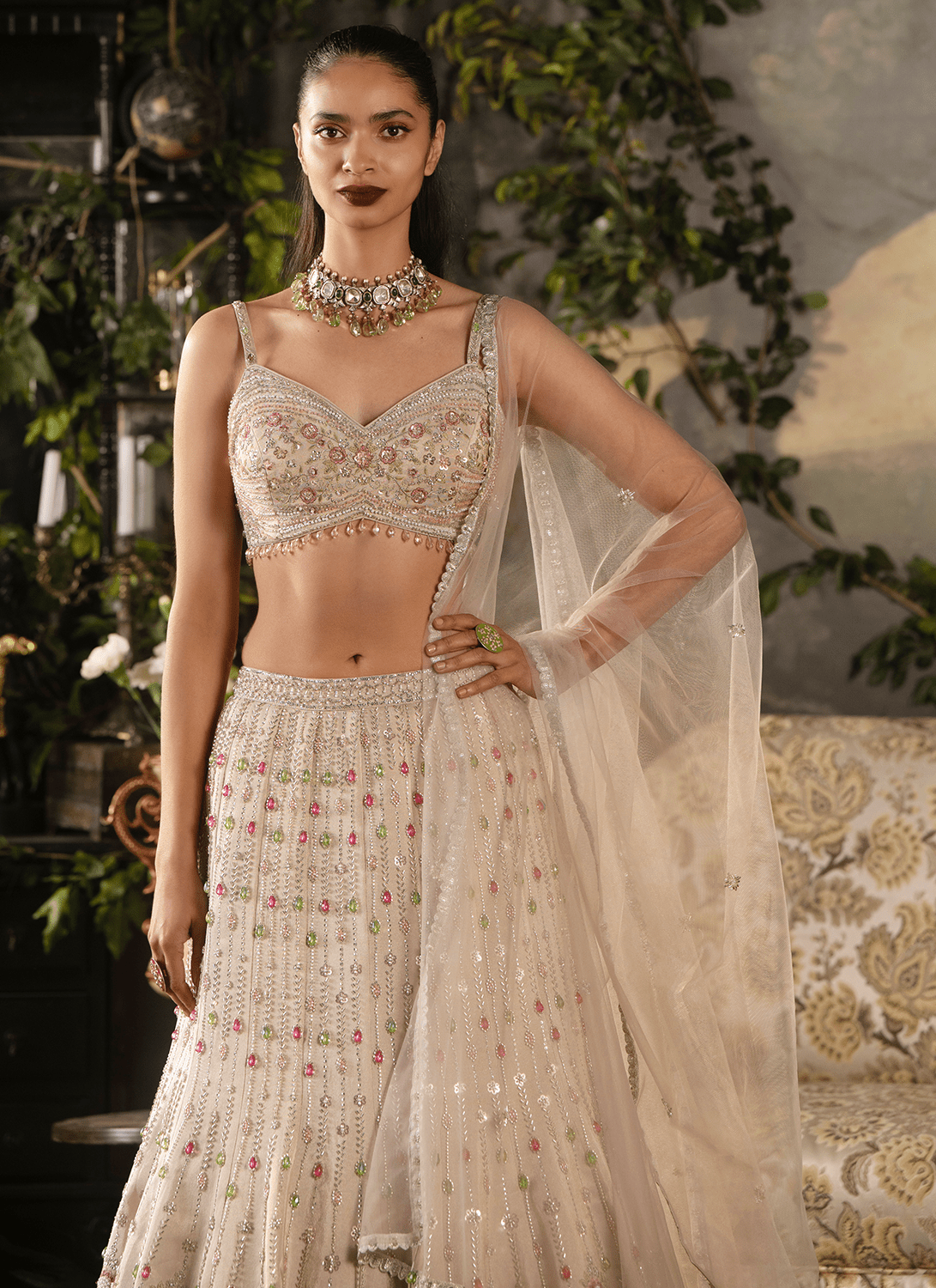 Off White Embroidered Tissue Lehenga - Lashkaraa
