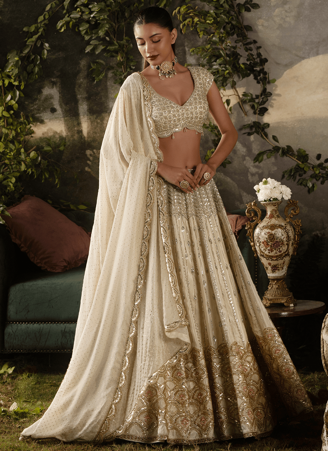 Off White Embroidered Tissue Lehenga - Lashkaraa