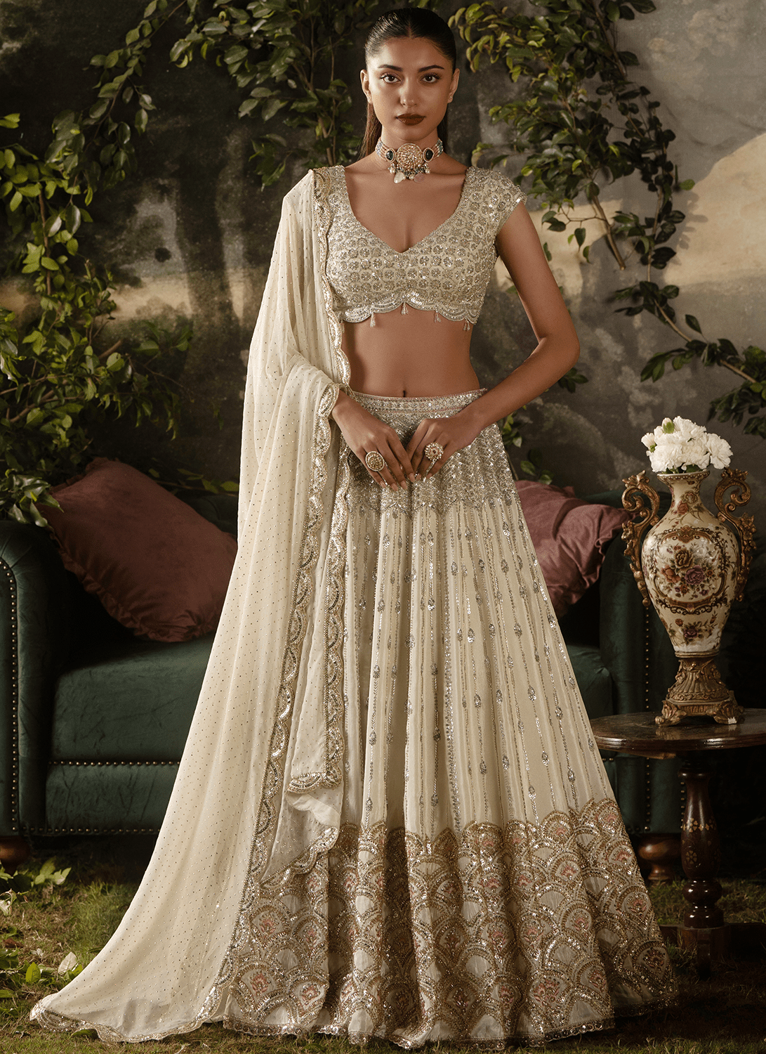 Off White Embroidered Tissue Lehenga - Lashkaraa