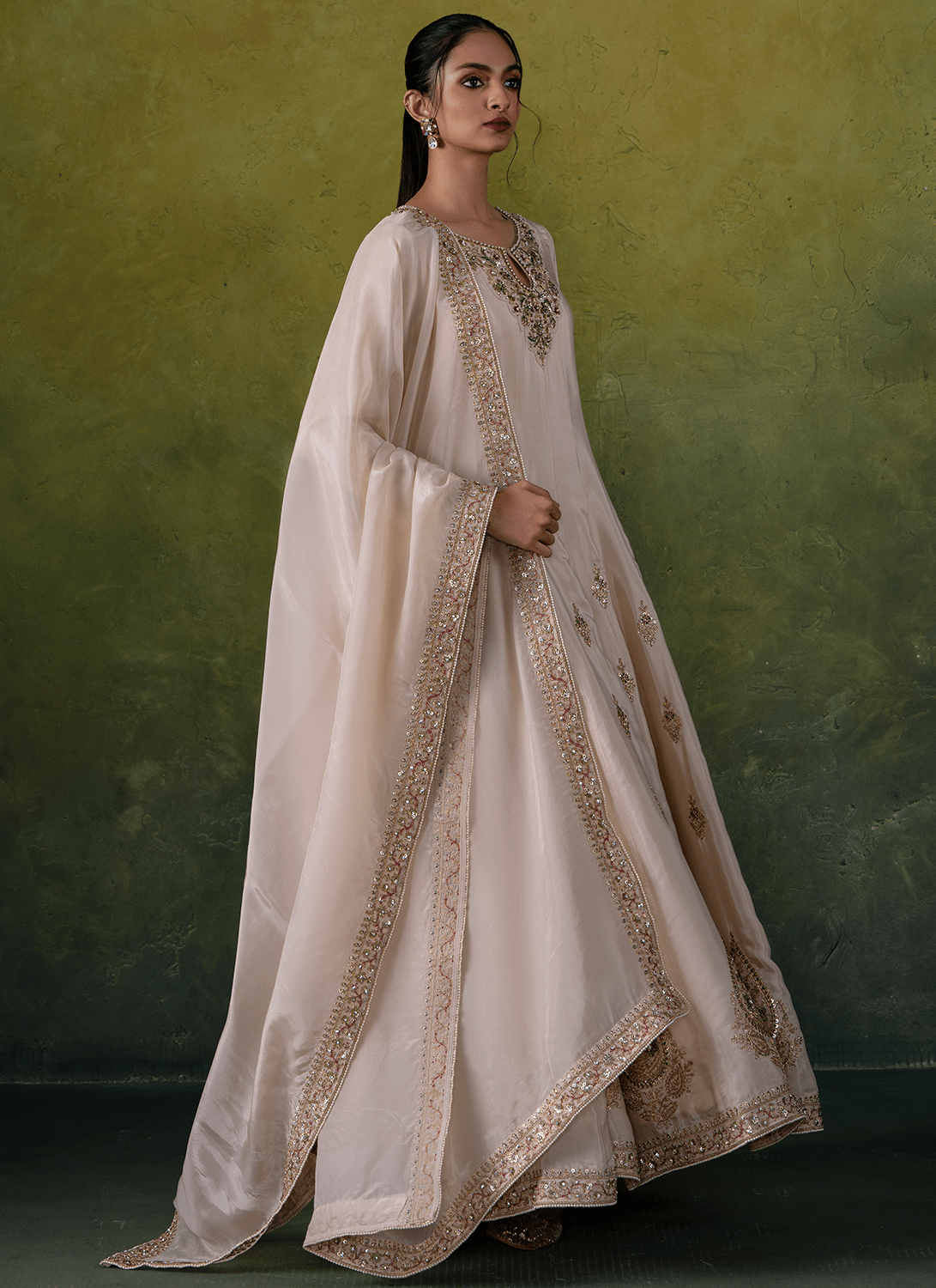 Off White Embroidered Viscose Silk Anarkali - Lashkaraa