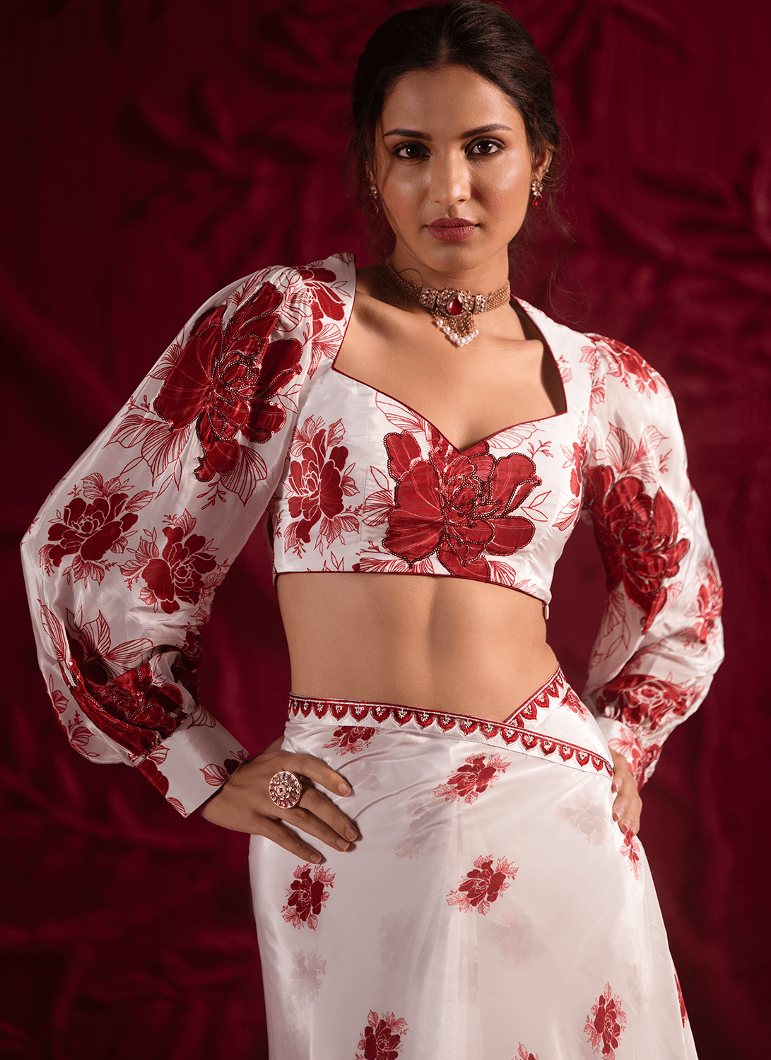 Off White Floral Embroidered Crepe Silk Saree - Lashkaraa