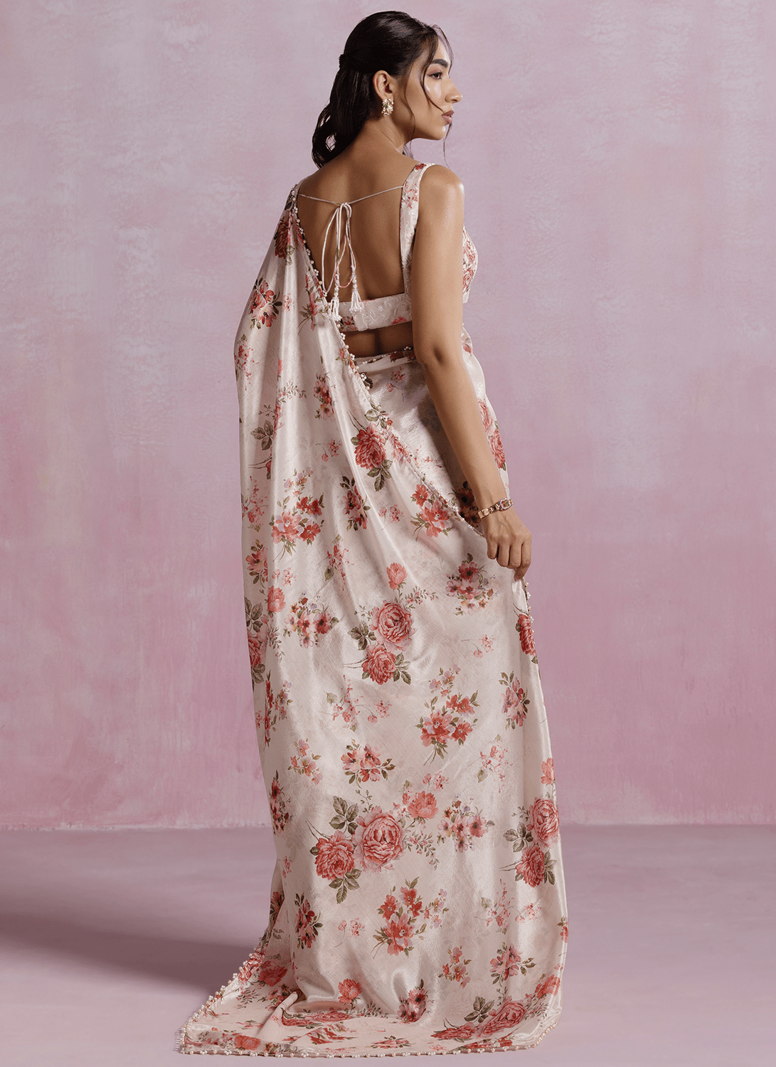 Off White Floral Printed Chinon Chiffon Saree - Lashkaraa
