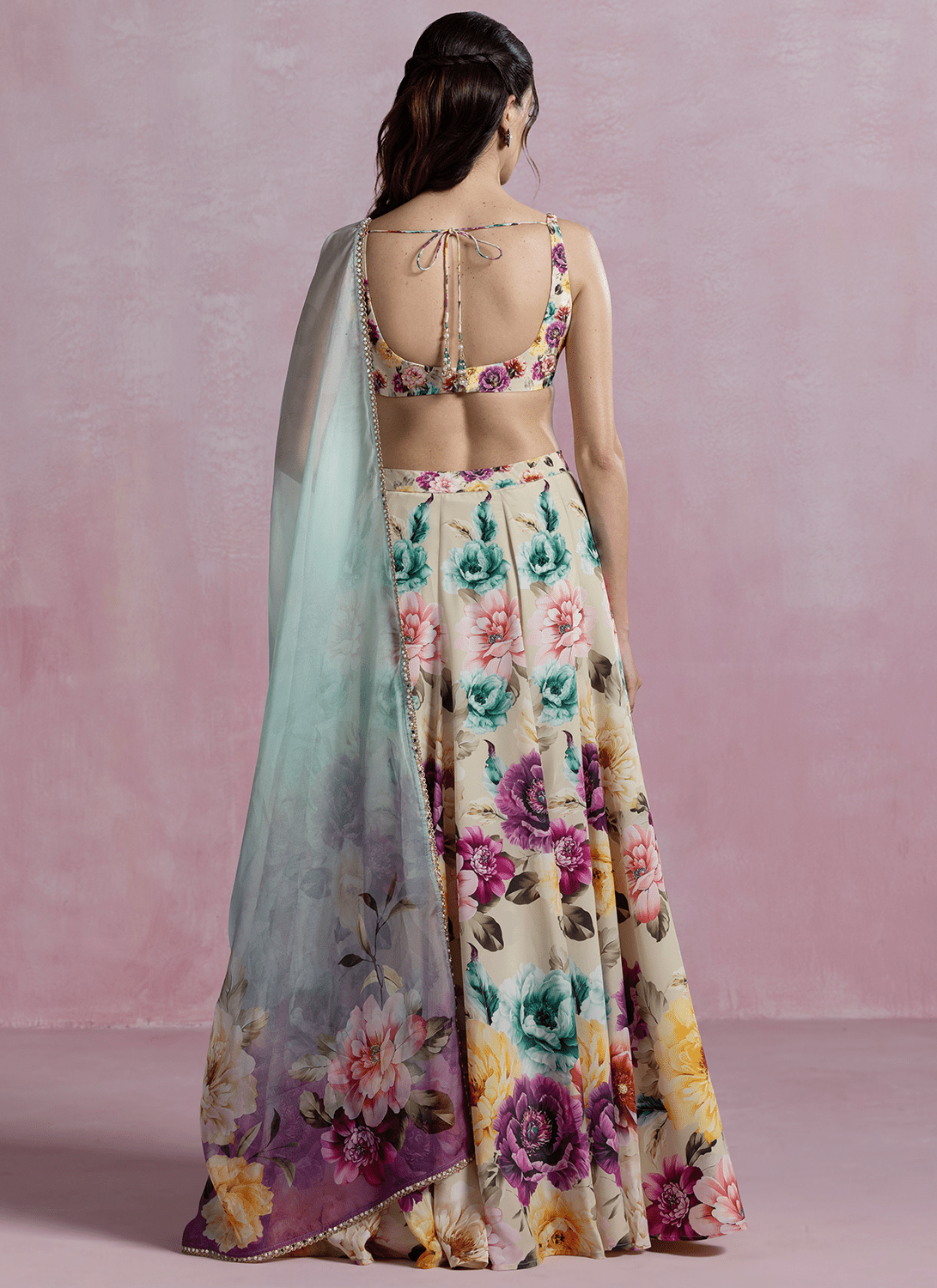 Off White Multicolor Floral Printed Crepe Lehenga - Lashkaraa