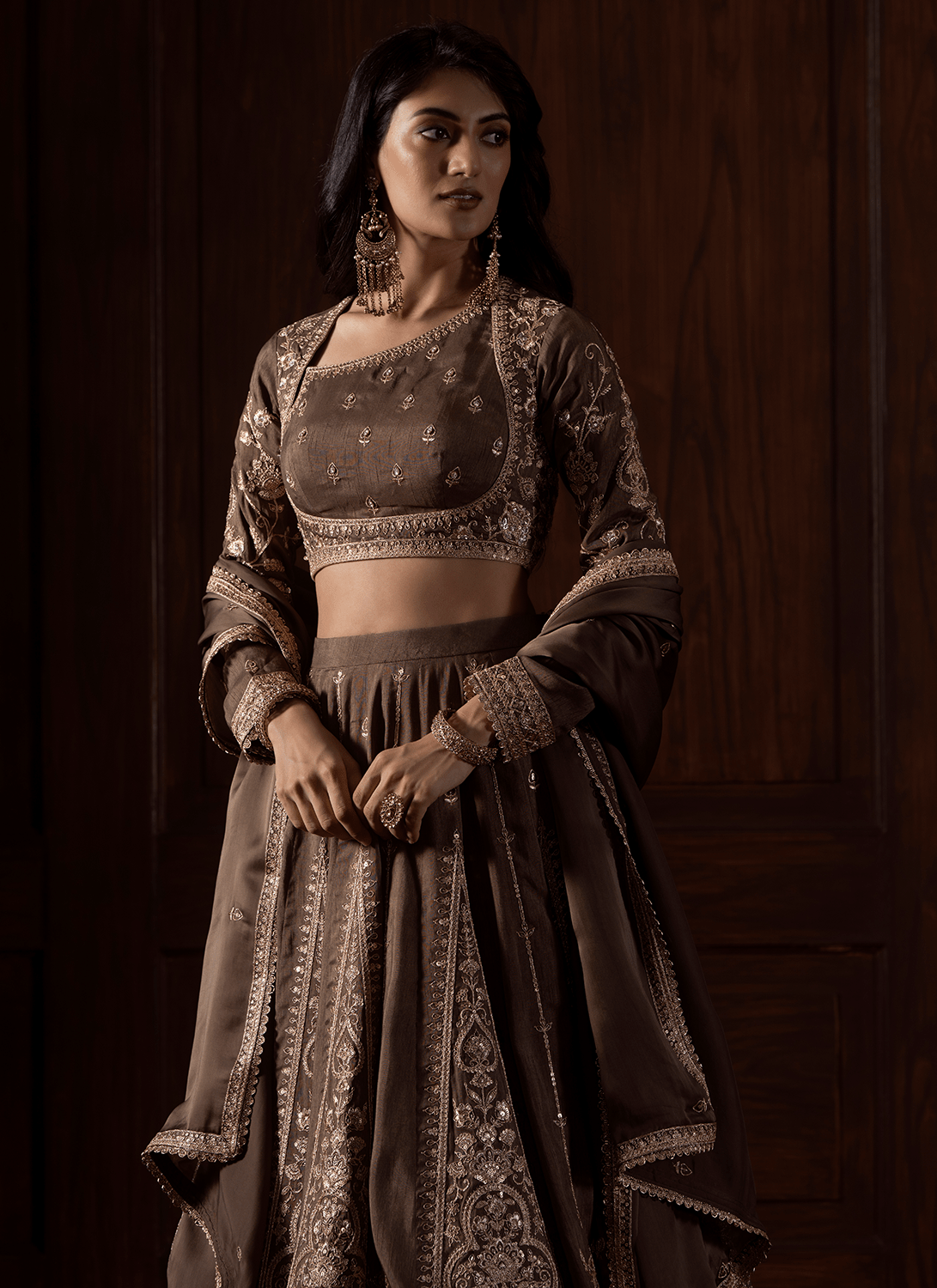 Olive Brown Embroidered Silk Lehenga - Lashkaraa