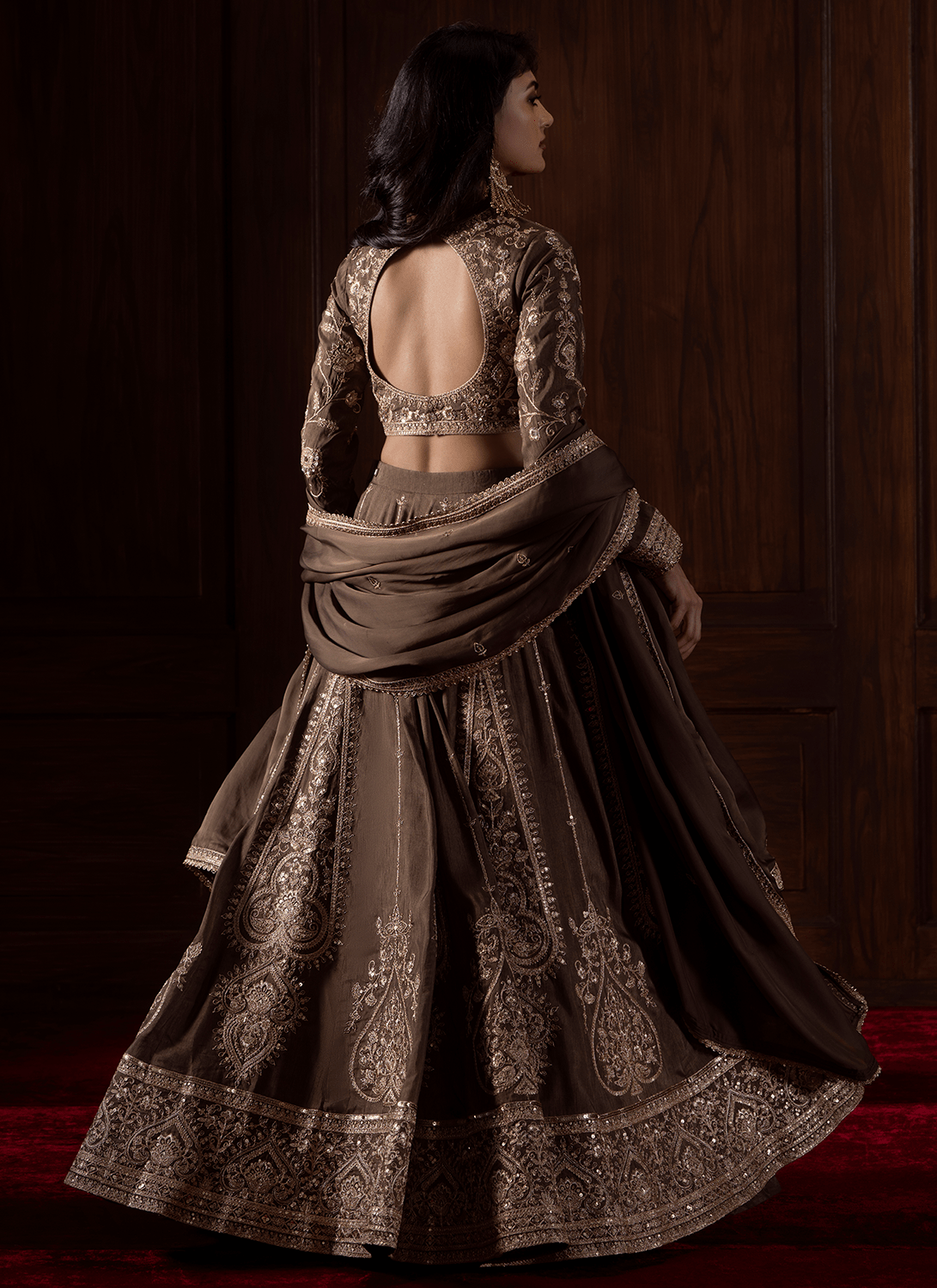 Olive Brown Embroidered Silk Lehenga - Lashkaraa