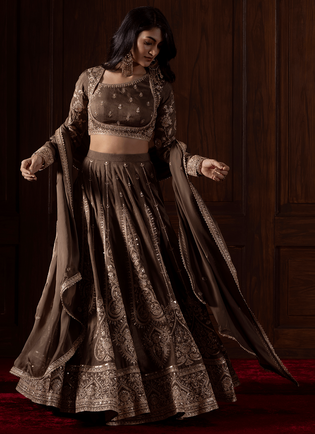 Olive Brown Embroidered Silk Lehenga - Lashkaraa