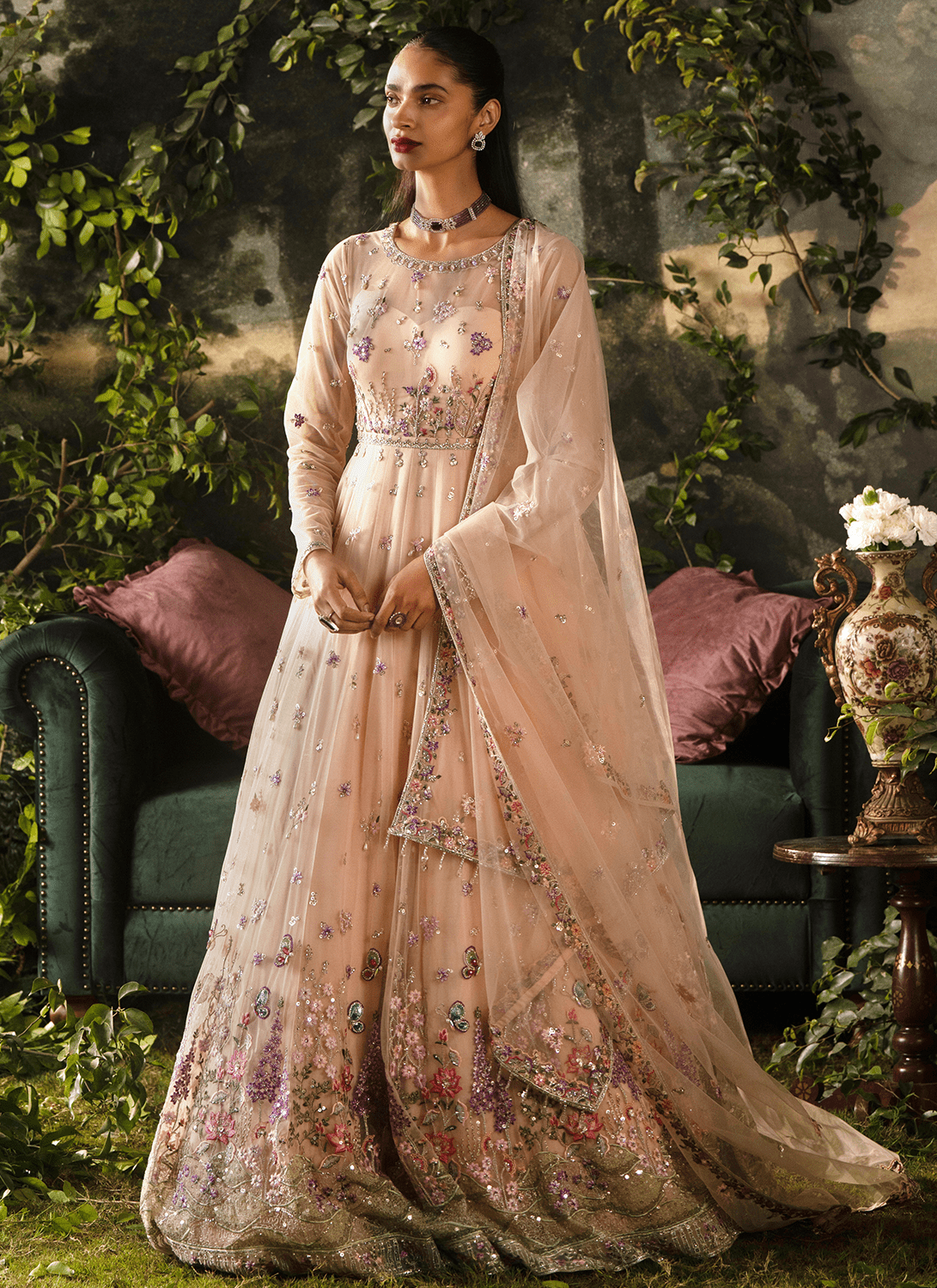 Peach Embroidered Net Anarkali - Lashkaraa