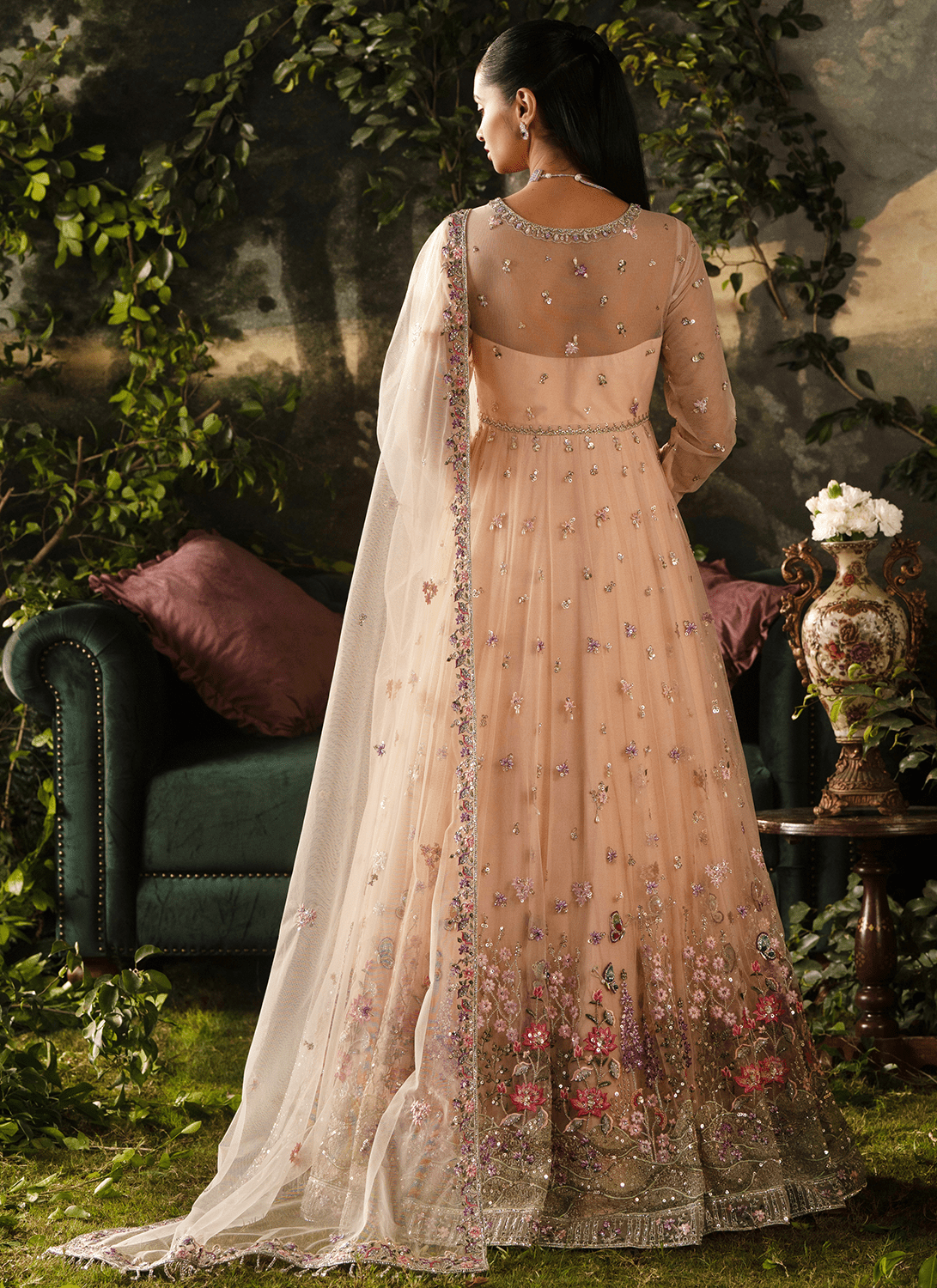 Peach Embroidered Net Anarkali - Lashkaraa