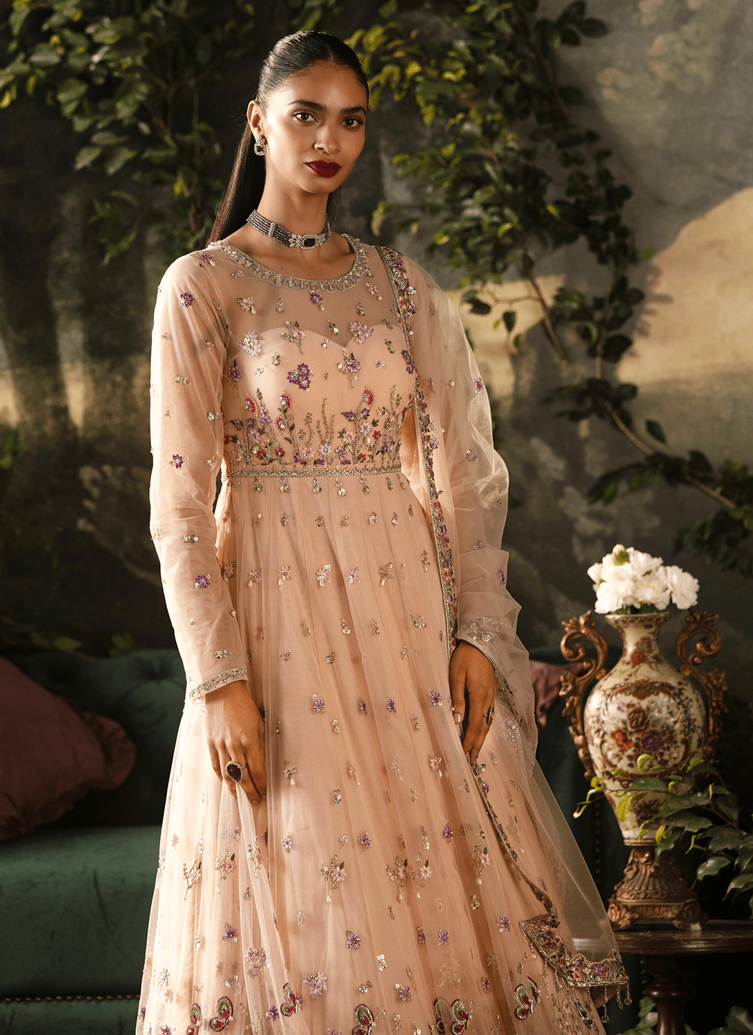 Peach Embroidered Net Anarkali - Lashkaraa
