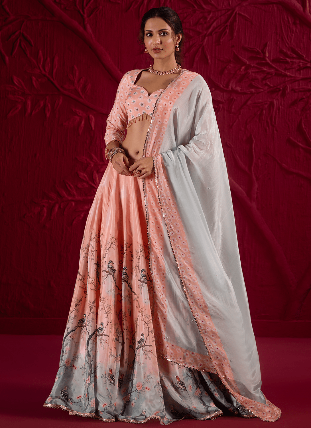 Peach Floral Embroidered Crepe Silk Lehenga - Lashkaraa