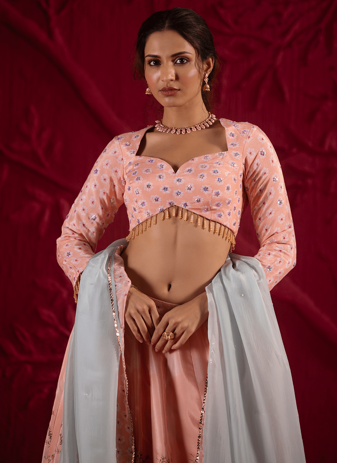 Peach Floral Embroidered Crepe Silk Lehenga - Lashkaraa