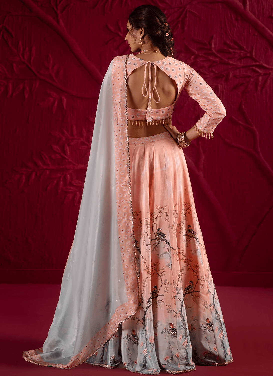 Peach Floral Embroidered Crepe Silk Lehenga - Lashkaraa