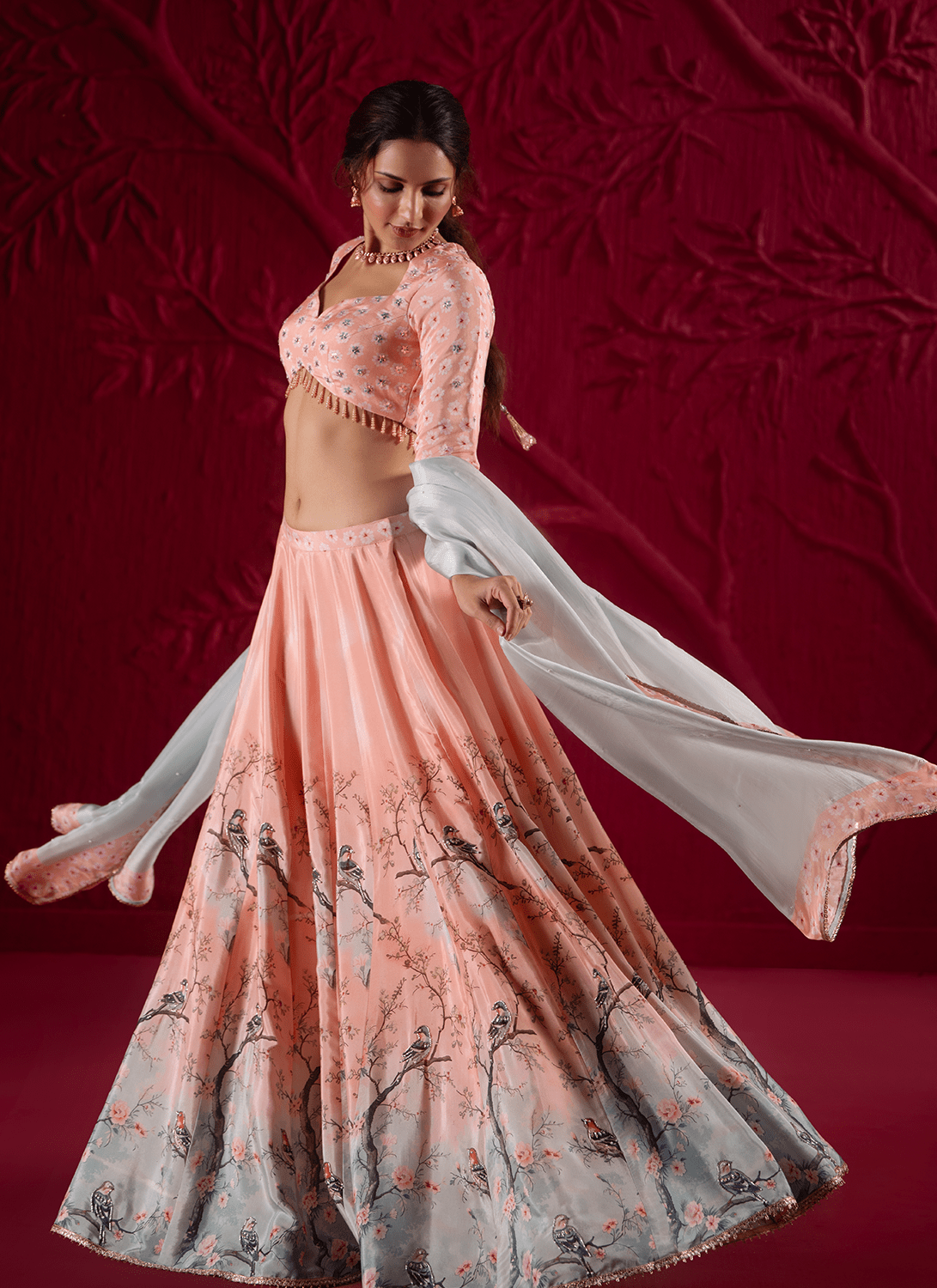 Peach Floral Embroidered Crepe Silk Lehenga - Lashkaraa