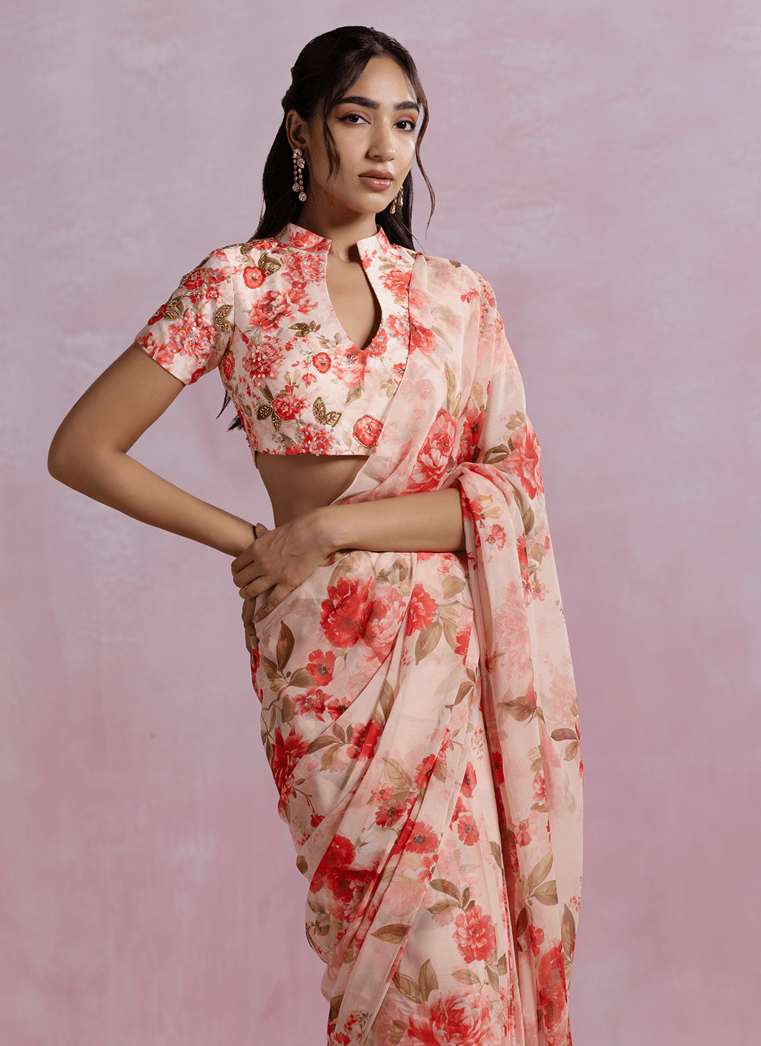 Peach Floral Printed Chiffon Saree - Lashkaraa