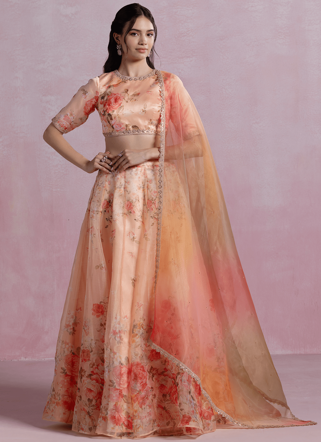 Peach Floral Printed Organza Lehenga - Lashkaraa