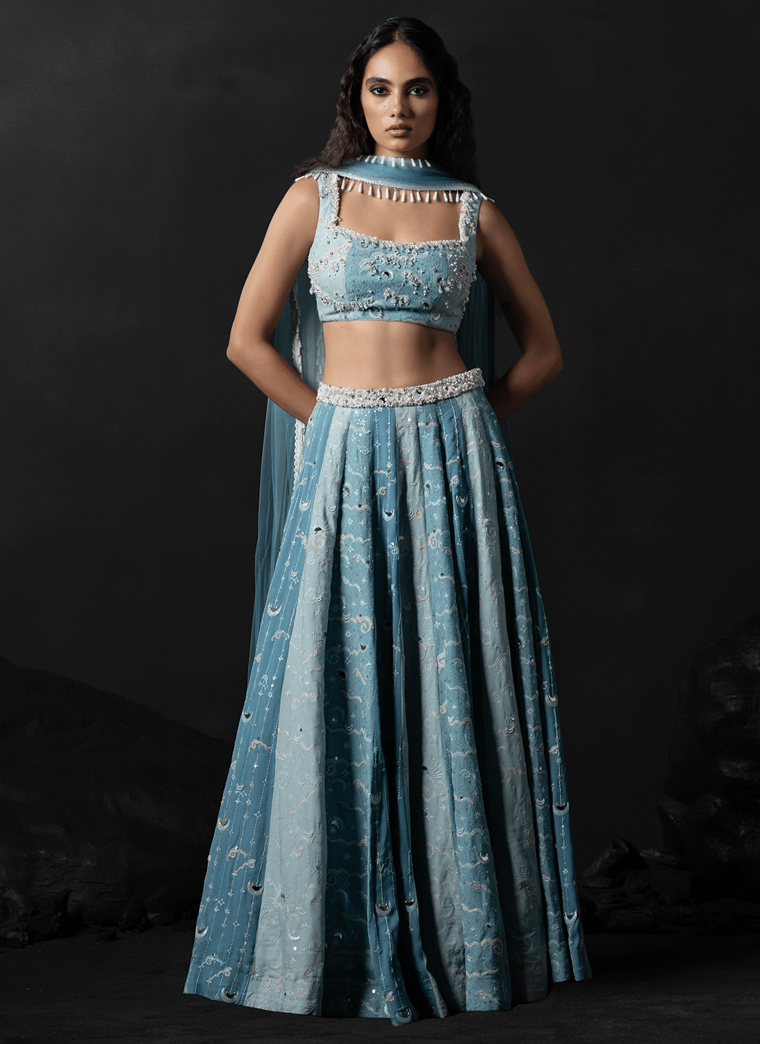 Powder Blue Embroidered Georgette Lehenga - Lashkaraa