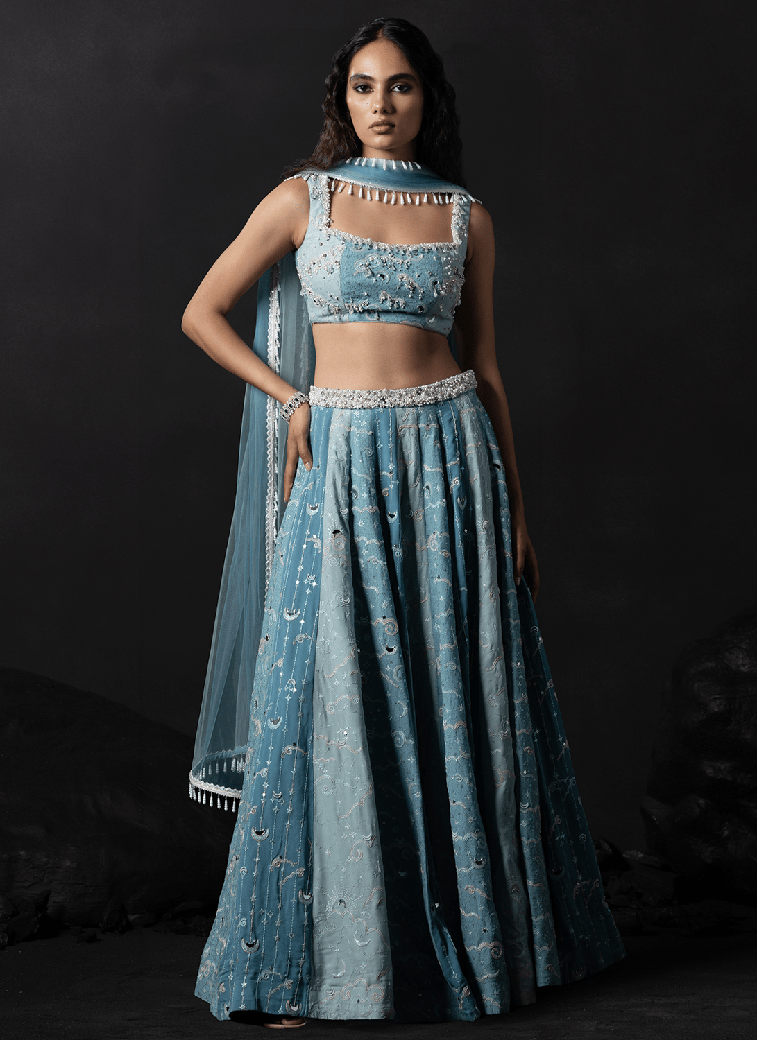 Powder Blue Embroidered Georgette Lehenga - Lashkaraa
