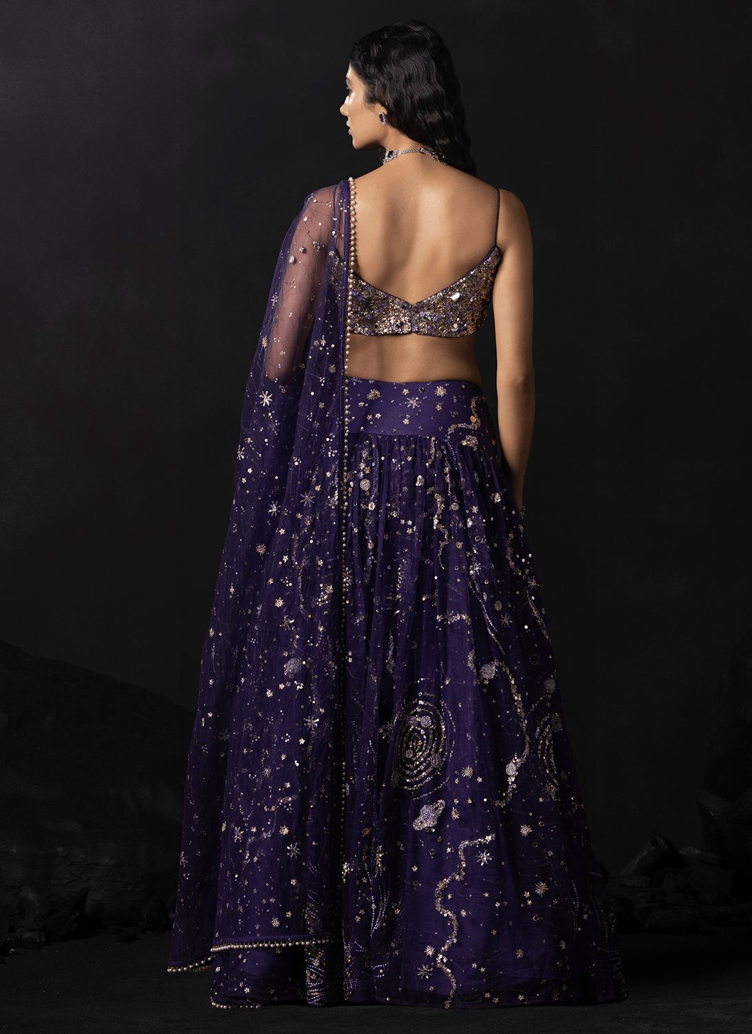 Purple Embroidered Shimmer Net Lehenga - Lashkaraa