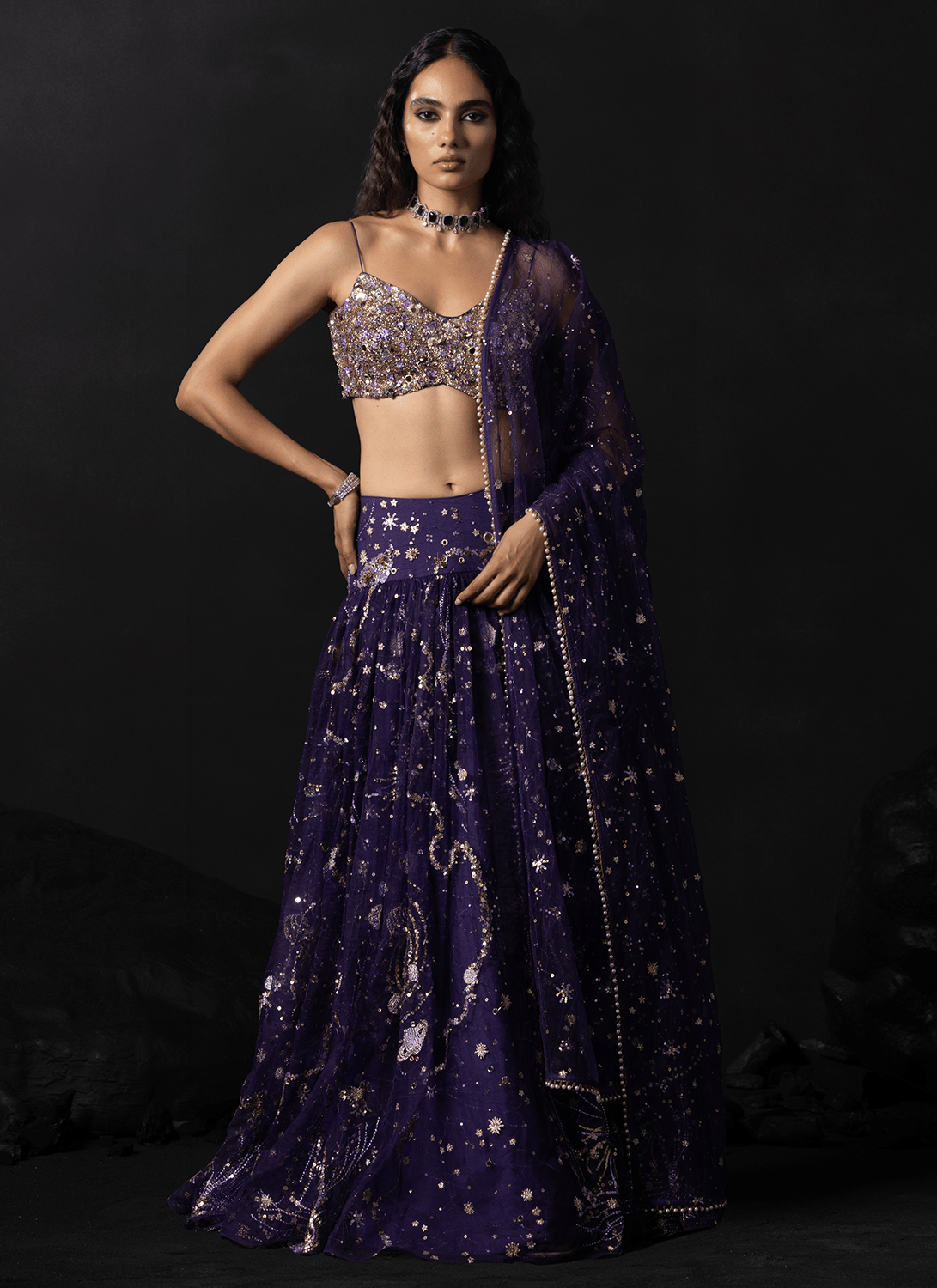 Purple Embroidered Shimmer Net Lehenga - Lashkaraa