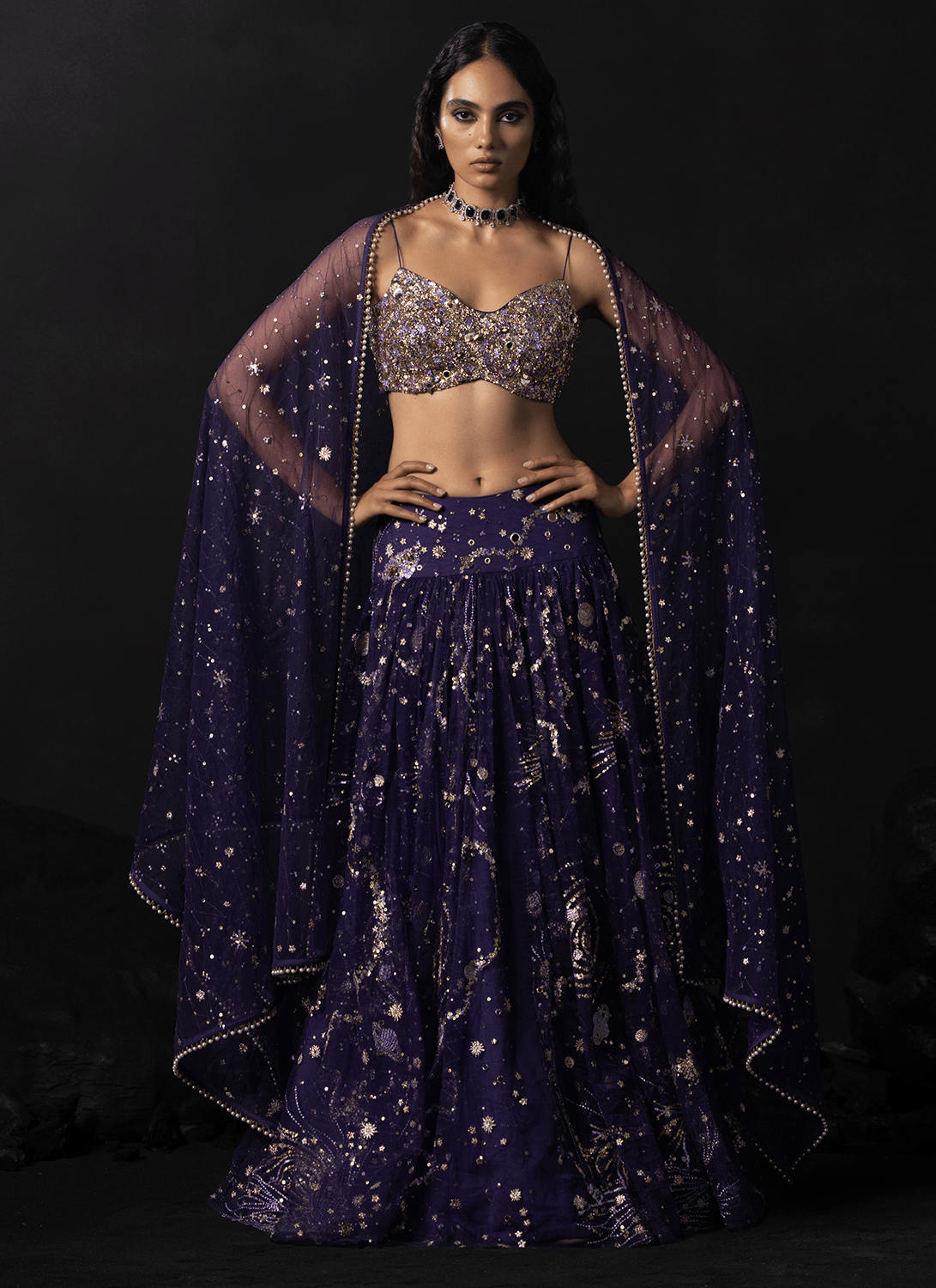 Purple Embroidered Shimmer Net Lehenga - Lashkaraa