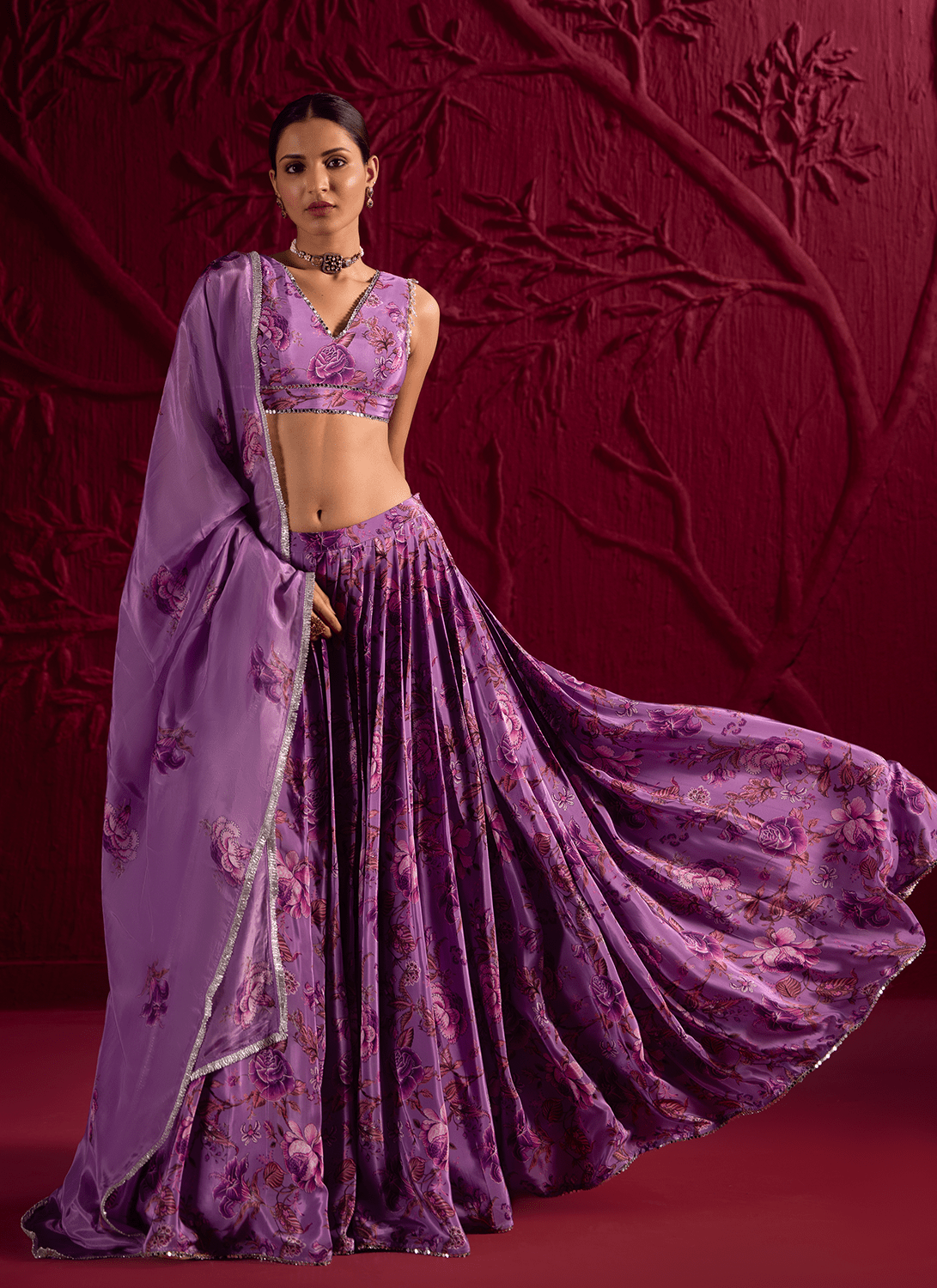 Purple Floral Embroidered Crepe Silk Lehenga - Lashkaraa