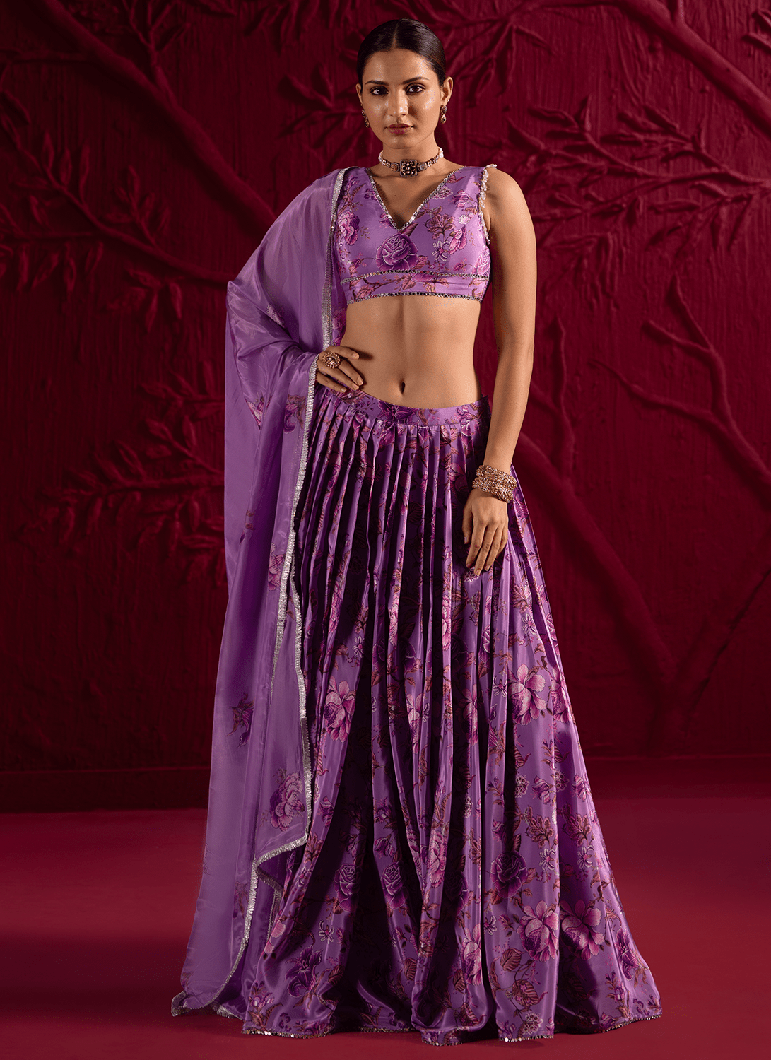 Purple Floral Embroidered Crepe Silk Lehenga - Lashkaraa