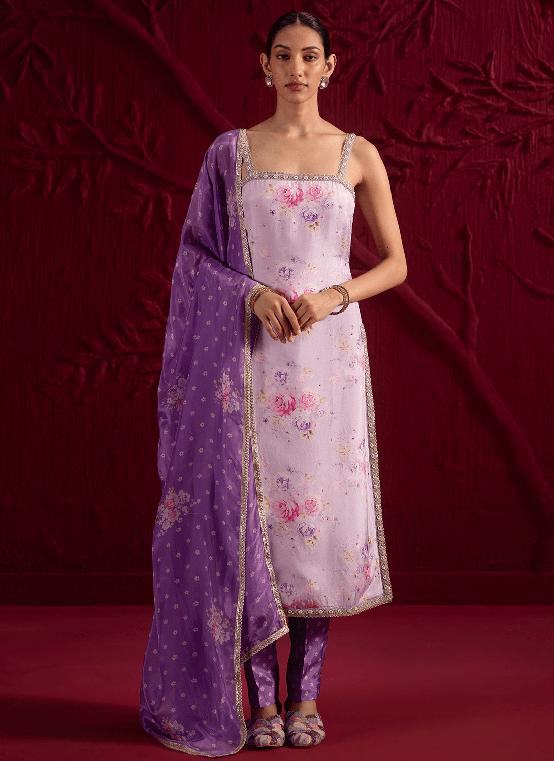 Purple Floral Embroidered Crepe Silk Straight Suit - Lashkaraa