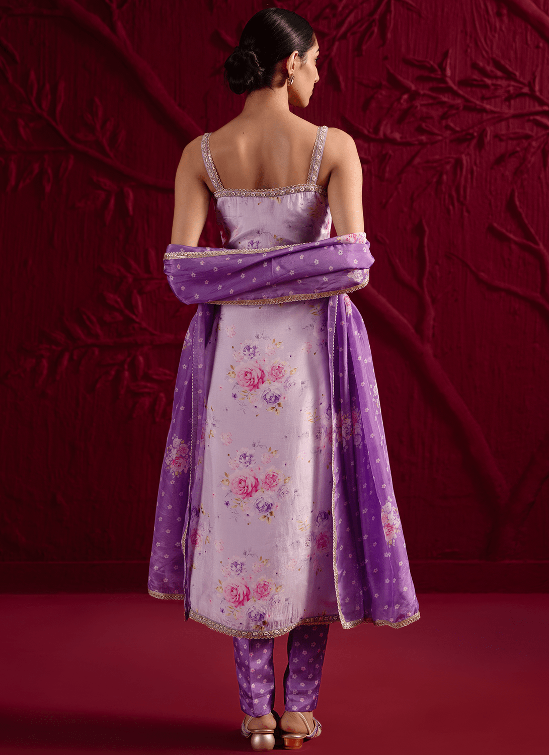 Purple Floral Embroidered Crepe Silk Straight Suit - Lashkaraa