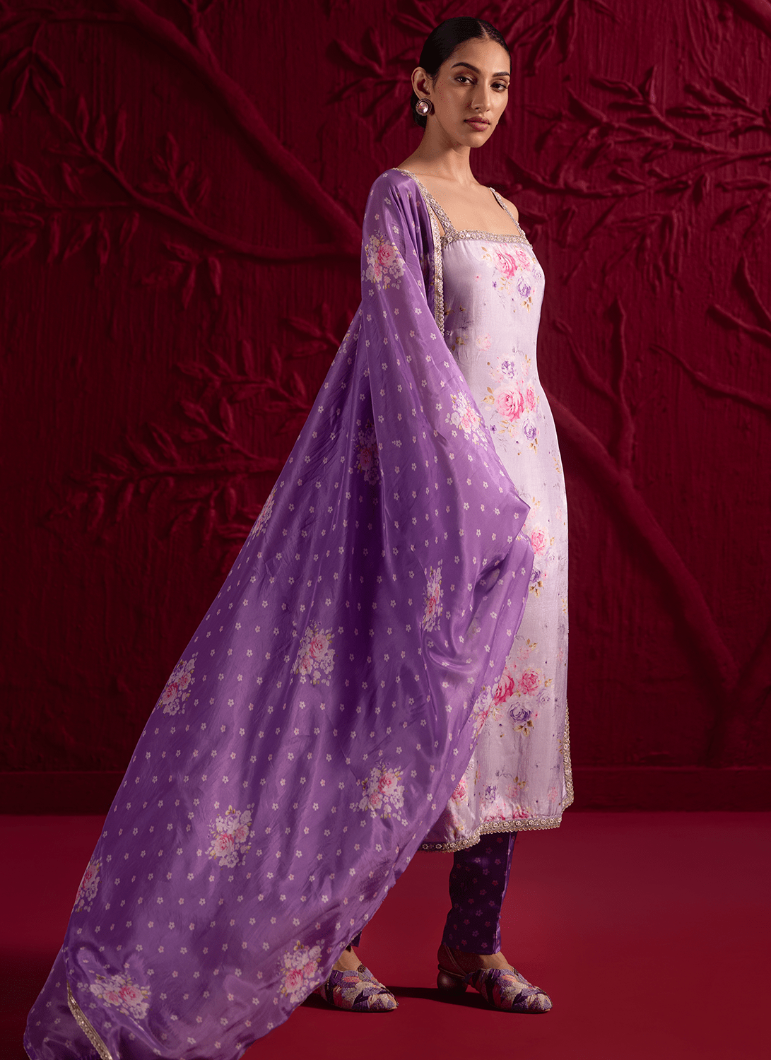 Purple Floral Embroidered Crepe Silk Straight Suit - Lashkaraa