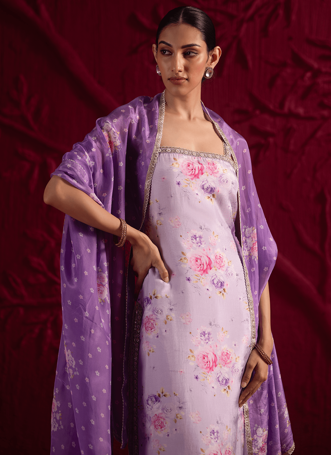 Purple Floral Embroidered Crepe Silk Straight Suit - Lashkaraa